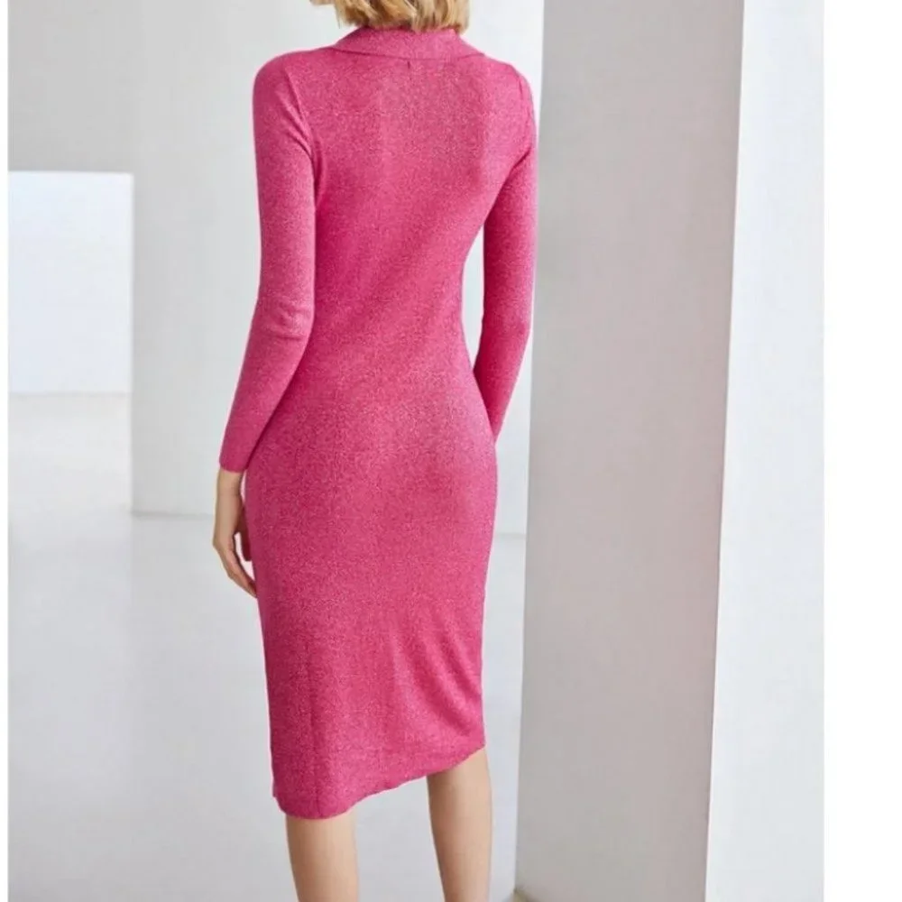 pink sparkle knit bow button detail split hem dress - Picture 9 of 10